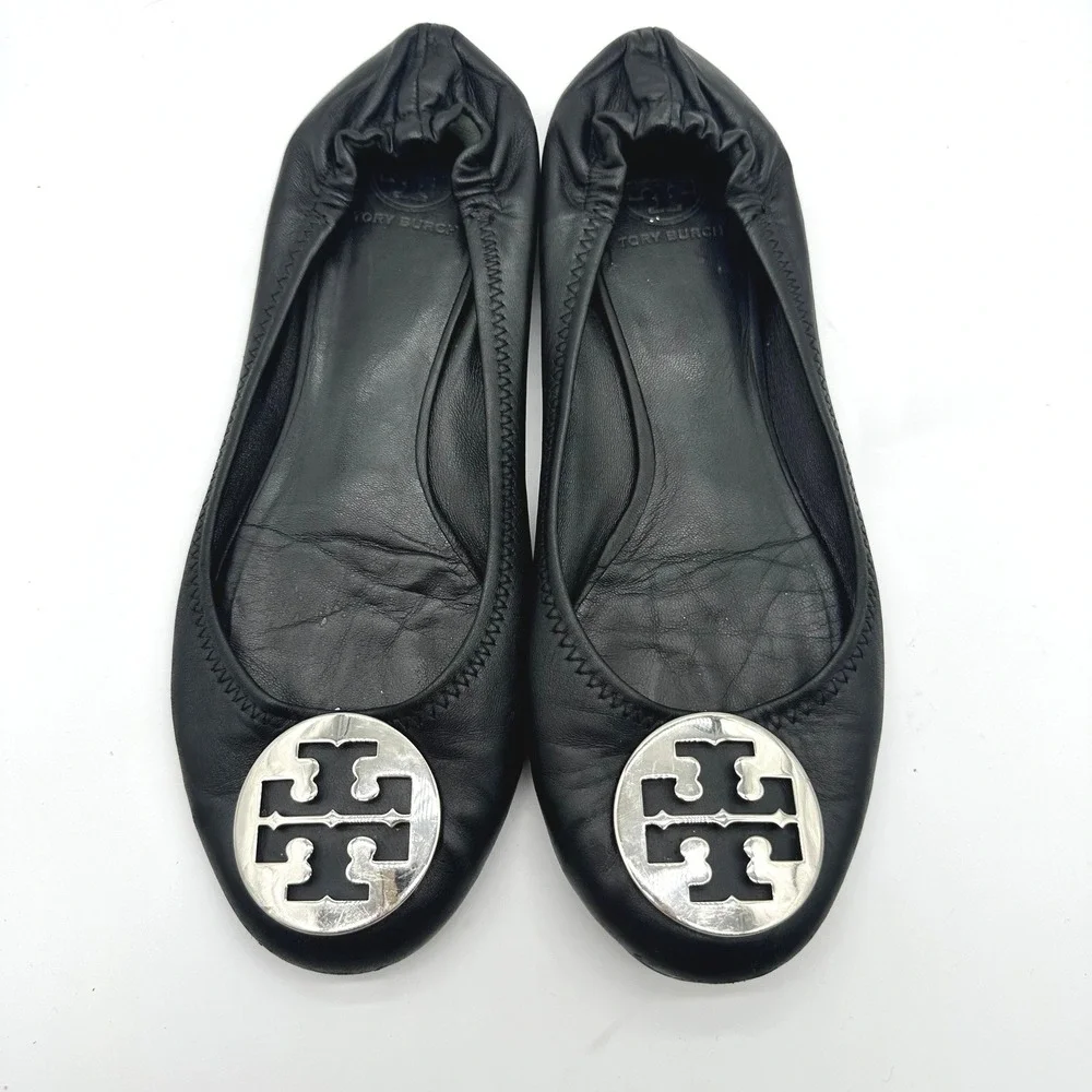 Tory Burch Reva Black Leather Ballet Flats Silver Logo Medallion Size 9.5